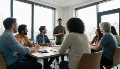 Groupe de professionnels lors d'une réunion de travail dans une salle avec de grandes fenêtres.