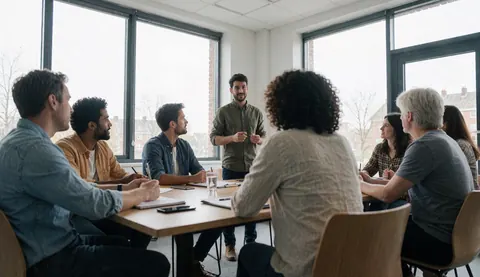 Groupe de professionnels lors d'une réunion de travail dans une salle avec de grandes fenêtres.