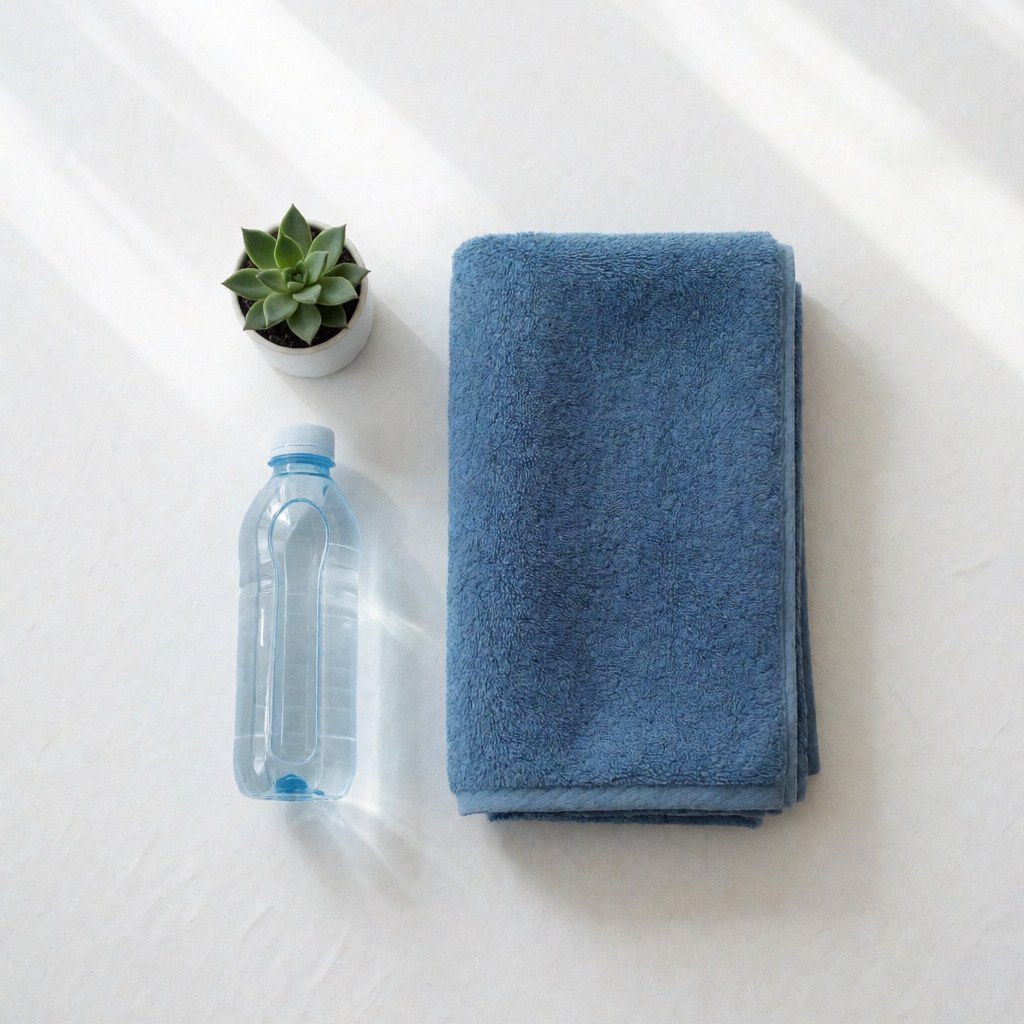 Une serviette bleue pliée, une bouteille d'eau transparente et une petite plante en pot disposées avec ordre sur une surface blanche.