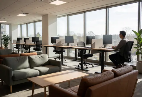 Un homme travaille sur un ordinateur portable dans un espace de coworking lumineux avec canapés, plantes vertes et mobilier en bois.