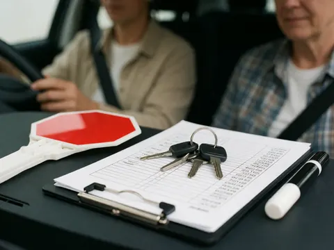 Deux personnes dans une voiture, l'une tenant le volant et l'autre sur le siège passager, avec un tableau d'évaluation et des clés posés sur le tableau de bord.