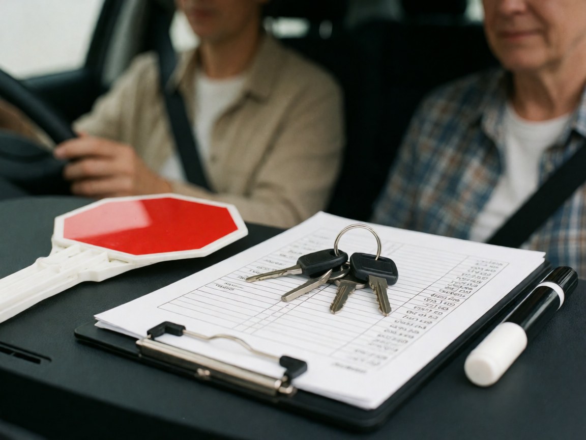 Deux personnes dans une voiture, l'une tenant le volant et l'autre sur le siège passager, avec un tableau d'évaluation et des clés posés sur le tableau de bord.