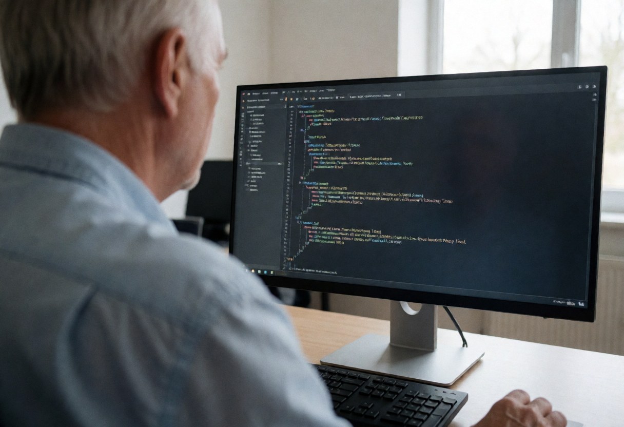 Un homme âgé en chemise bleue travaille sur un ordinateur affichant du code, assis à un bureau en bois.