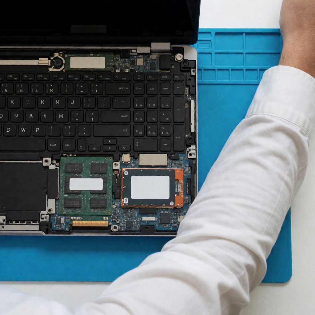 Un technicien en chemise blanche répare un ordinateur ouvert posé sur une surface bleue.