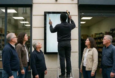 Un homme installe un écran digital sur la façade d'un commerce pendant que plusieurs personnes observent attentivement le travail en cours.