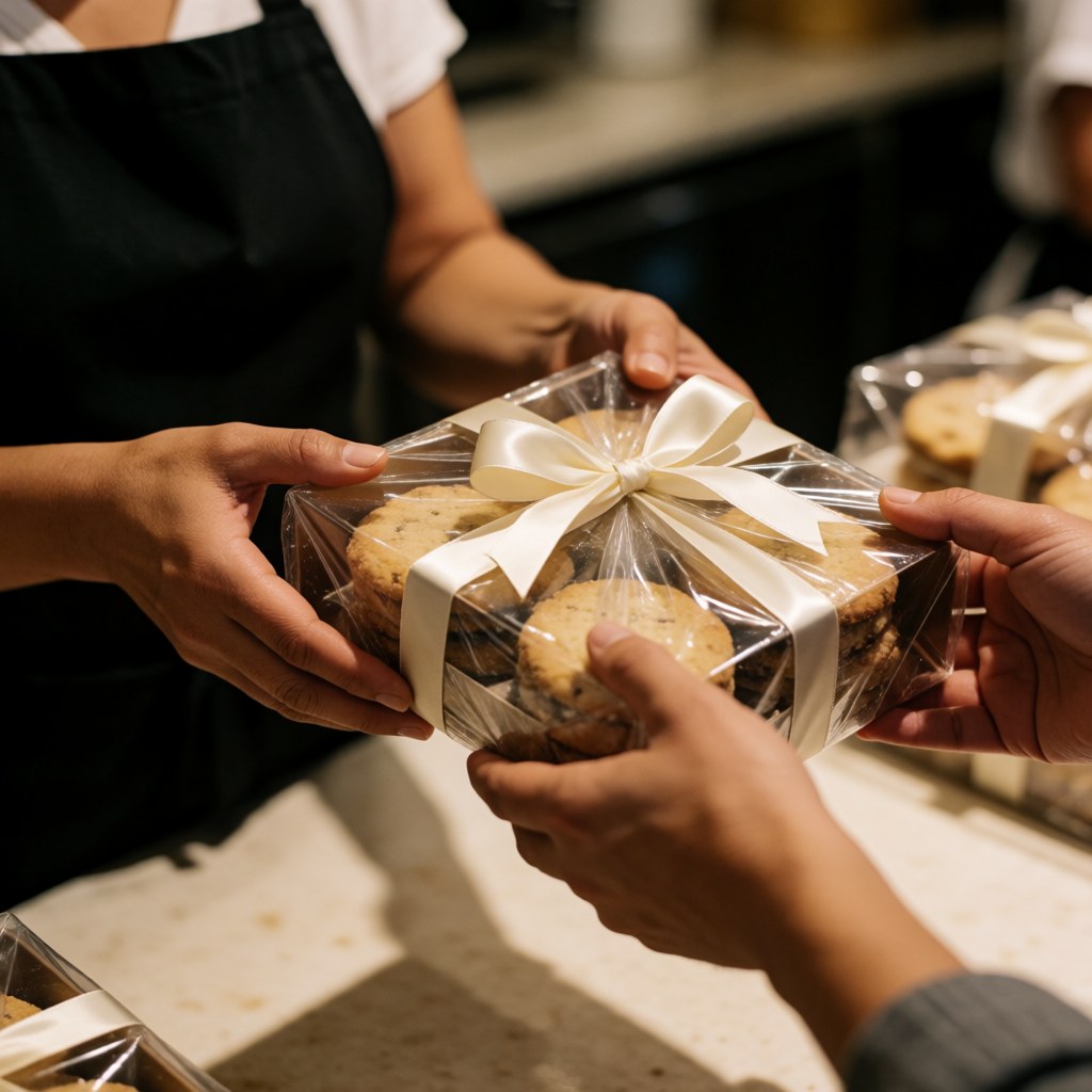 Une personne remet une boîte de biscuits ornée d'un ruban blanc à un client derrière un comptoir.