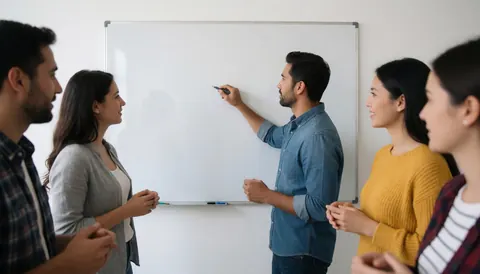 Un homme écrit sur un tableau blanc pendant qu'une équipe observe attentivement.
