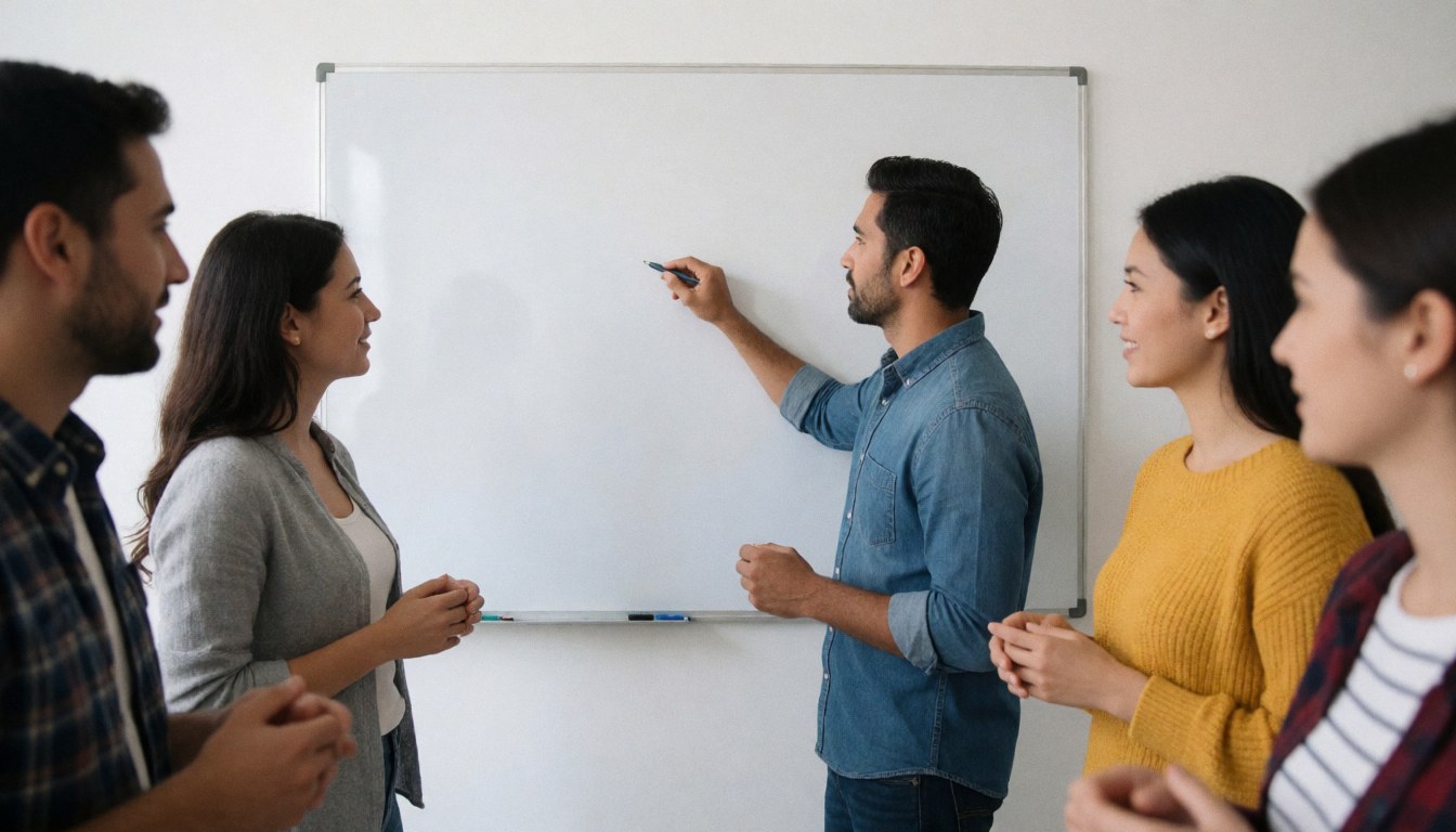 Un homme écrit sur un tableau blanc pendant qu'une équipe observe attentivement.