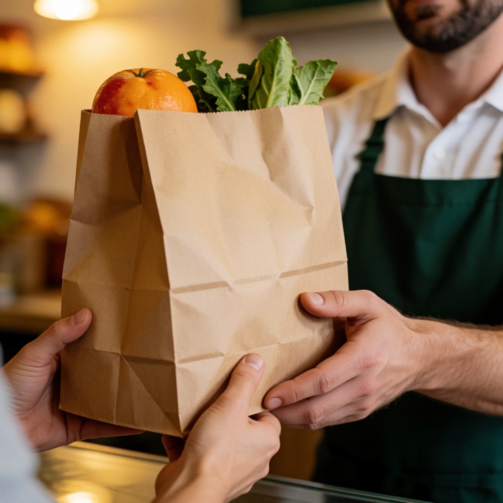 Un employé remet un sac en papier rempli de fruits et légumes à un client dans un environnement chaleureux.