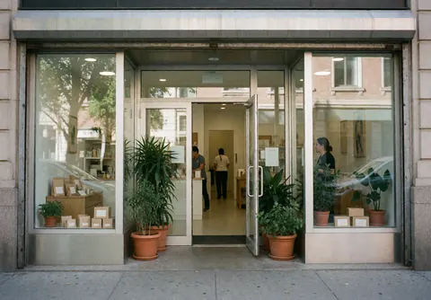 Façade d'une clinique vétérinaire contemporaine avec portes vitrées, plantes en pot et personnes à l'intérieur.