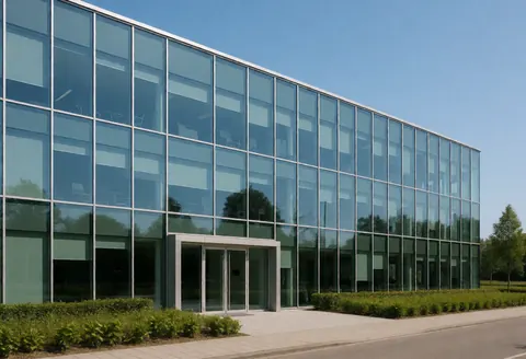 Vue de face d'un bâtiment de bureaux contemporain doté d'une architecture en verre et d'une entrée principale avec des portes automatiques transparentes.