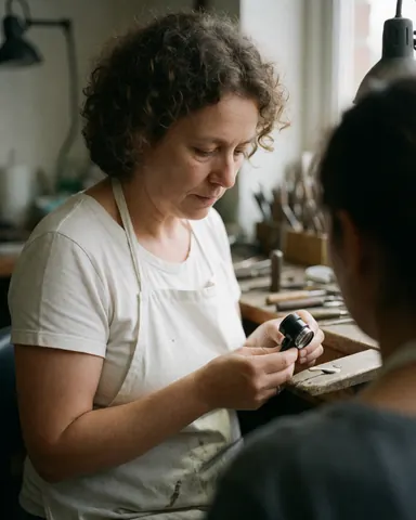 Portrait d'une femme portant un tablier blanc travaillant avec une loupe dans un atelier de joaillerie, des outils sont visibles en arrière-plan sous une lumière naturelle.