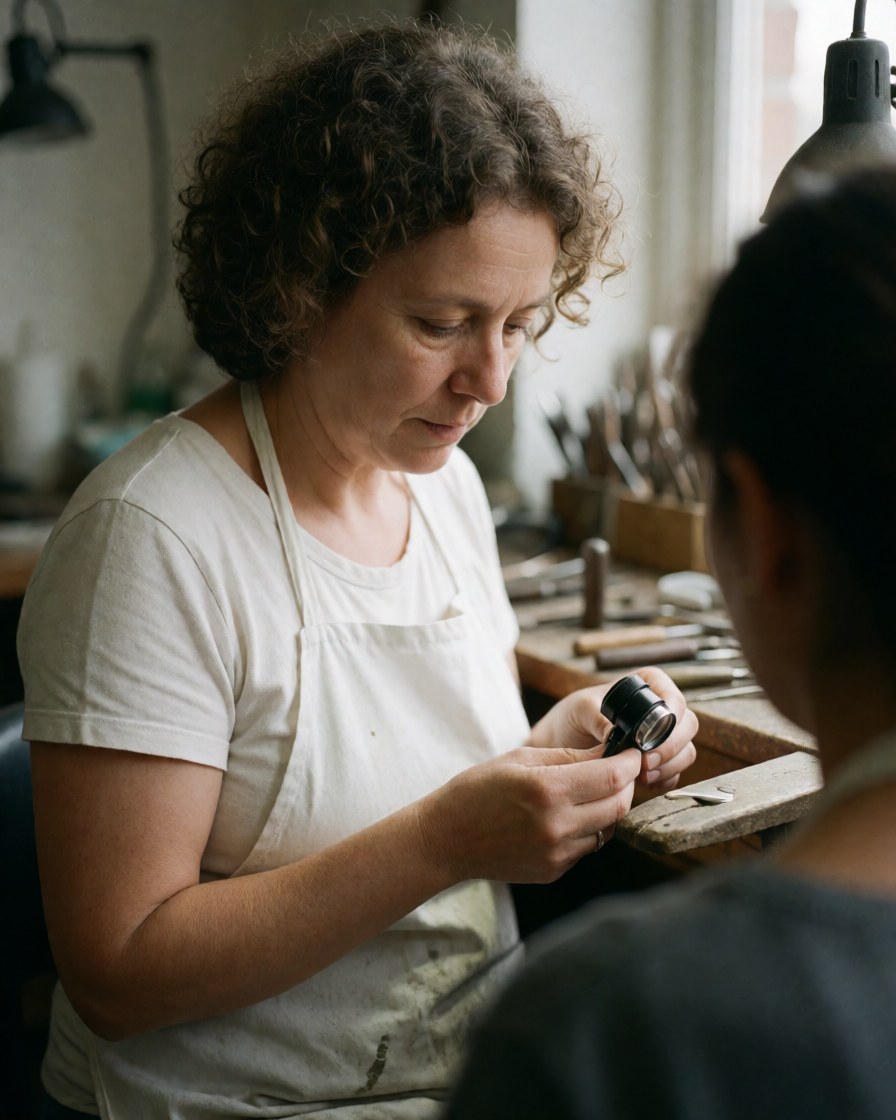 Portrait d'une femme portant un tablier blanc travaillant avec une loupe dans un atelier de joaillerie, des outils sont visibles en arrière-plan sous une lumière naturelle.