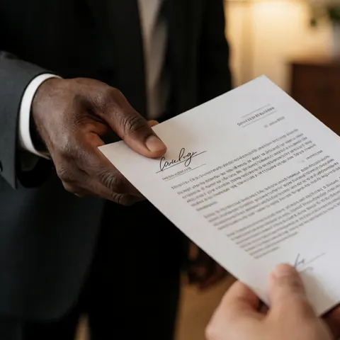 Une main masculine tend un document signé dans un environnement professionnel, illustrant la confiance et les services comptables.