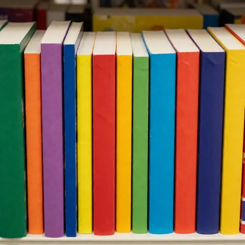Livres à couverture souple avec des dos aux couleurs vives rangés sur une étagère, éclairage clair et net pour la promotion de produits.