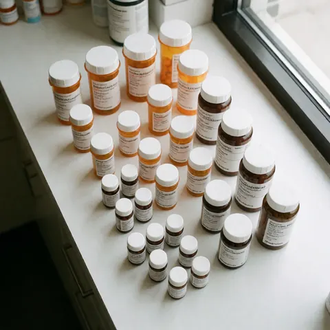 Plusieurs flacons de médicaments avec des étiquettes blanches posés sur un comptoir blanc près d'une fenêtre.