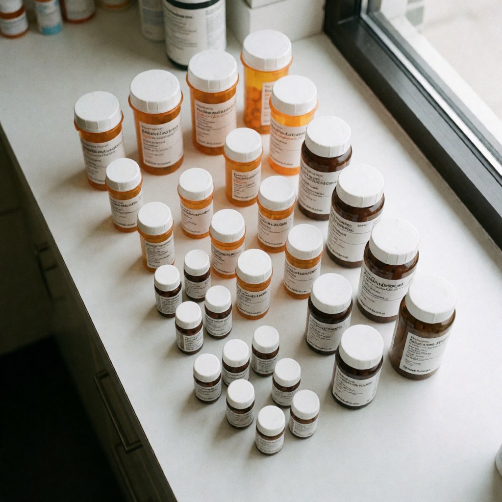 Plusieurs flacons de médicaments avec des étiquettes blanches posés sur un comptoir blanc près d'une fenêtre.