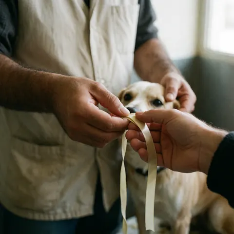 Une main remet un ruban à un client pendant qu'un chien observe attentivement la scène.