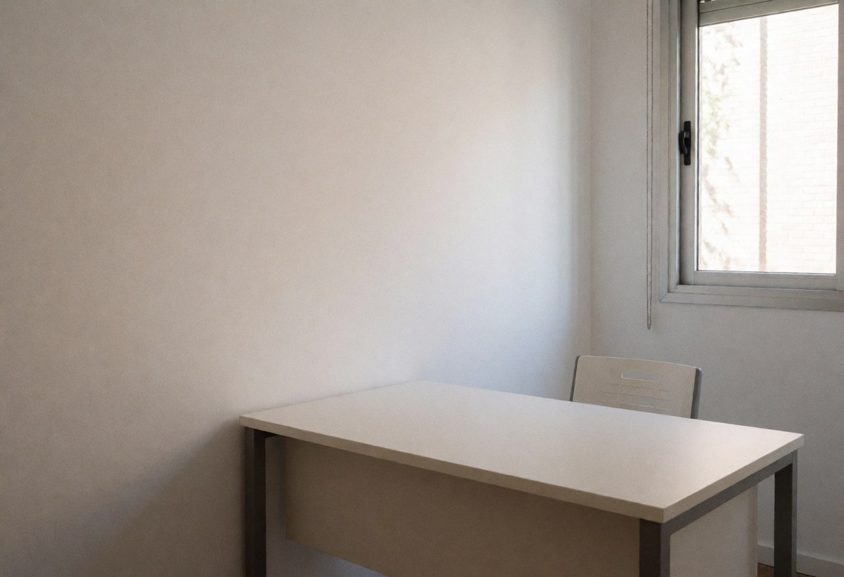Espace de consultation moderne et épuré comprenant une table, une chaise, des murs blancs et une fenêtre laissant entrer la lumière naturelle.