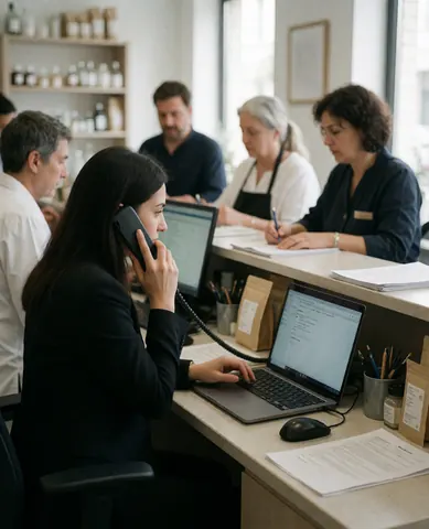 Une réceptionniste travaille sur un ordinateur portable tout en répondant à un appel téléphonique dans un environnement de bureau moderne avec d'autres employés.