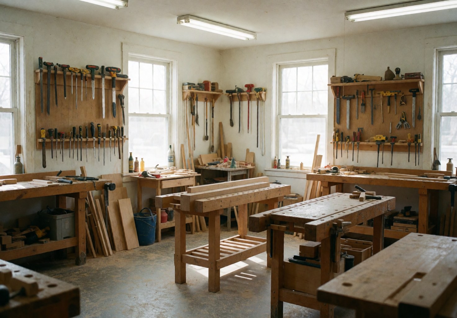 Atelier de menuiserie vide avec tables de travail, outils suspendus au mur et planches de bois prêtes à être travaillées.