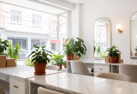Vue intérieure d'un salon de beauté moderne comprenant des tables en marbre blanc, des chaises élégantes et plusieurs plantes vertes décoratives.