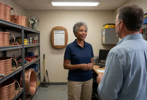 Une technicienne discute avec un client dans un bureau technique entourée de tuyaux en cuivre et d'outils, illustrant un service professionnel.