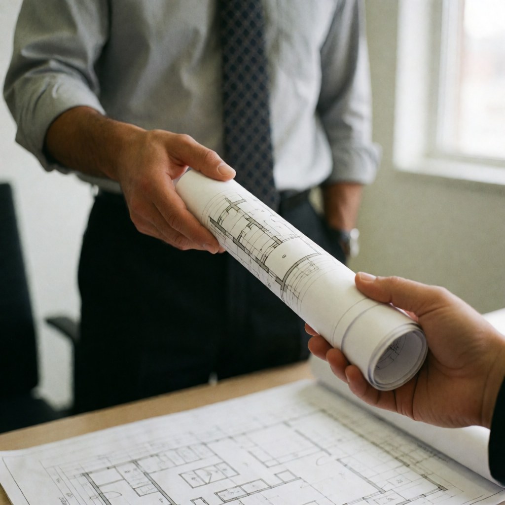 Deux professionnels échangent et consultent des plans roulés sur une table dans un environnement de travail moderne.