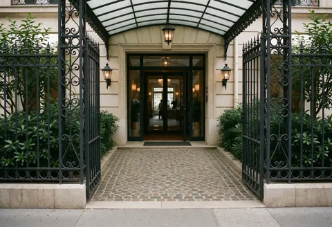 Entrée d'hôtel avec une grille en fer forgé, une porte en verre et un chemin en pierre