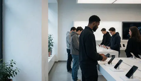 Des jeunes adultes interagissent avec des smartphones sur des présentoirs blancs dans un espace technologique moderne aux tons bleus et verts.