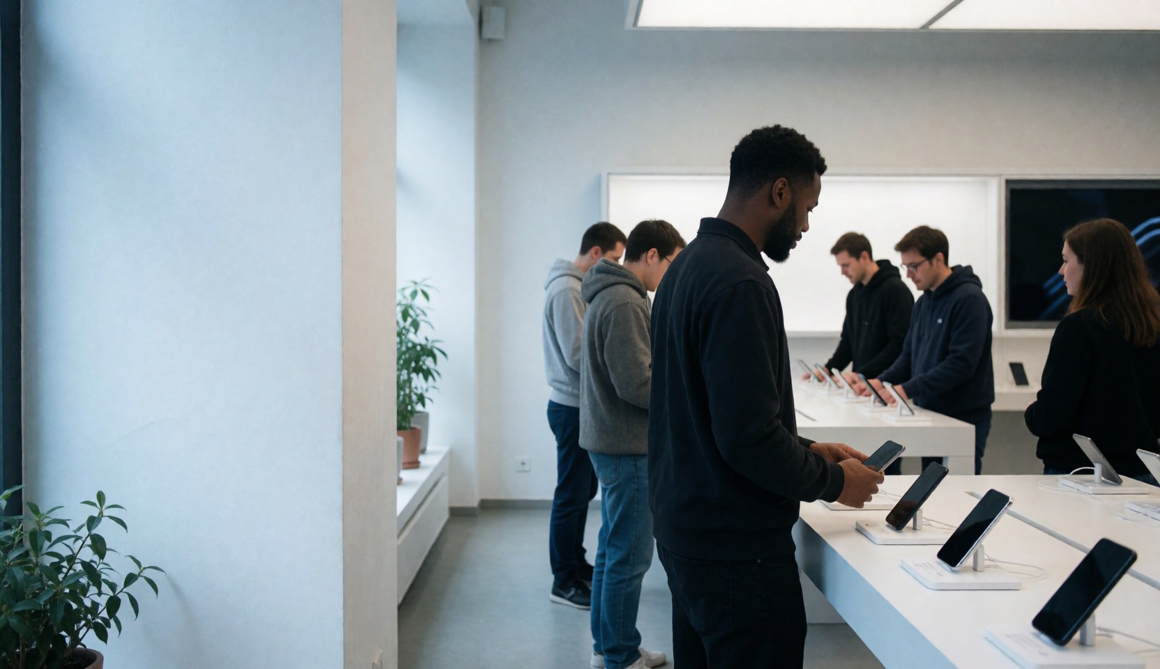 Des jeunes adultes interagissent avec des smartphones sur des présentoirs blancs dans un espace technologique moderne aux tons bleus et verts.