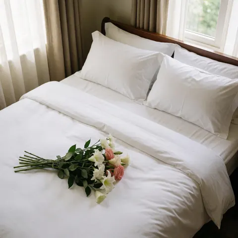 Lit fait avec draps blancs et bouquet de fleurs fraîches posé dessus près d'une fenêtre aux rideaux.