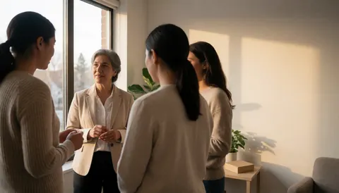 Une thérapeute discute avec des patients dans un bureau moderne éclairé par la lumière naturelle.