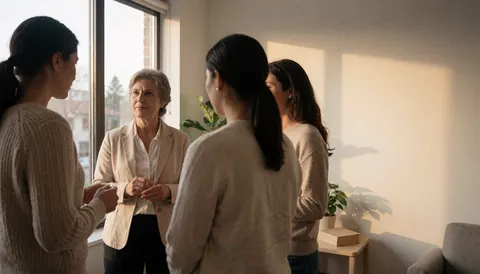 Une thérapeute discute avec des patients dans un bureau moderne éclairé par la lumière naturelle.