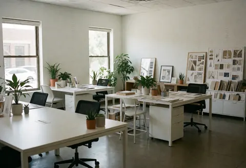 Espace intérieur lumineux avec tables blanches, plantes vertes, mobilier design et échantillons de décoration dans un cadre professionnel.