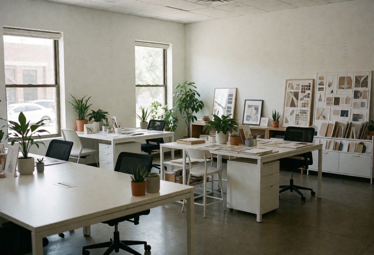 Espace intérieur lumineux avec tables blanches, plantes vertes, mobilier design et échantillons de décoration dans un cadre professionnel.