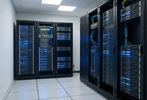 Salle de serveurs moderne équipée de baies, d'éclairage bleu et de câbles organisés, offrant un environnement propre et professionnel pour le support informatique.