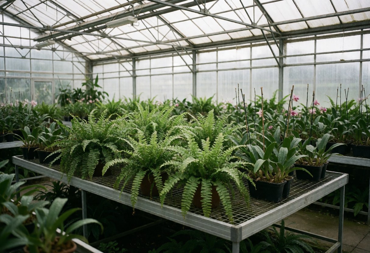 Grande serre abritant des plantes vertes et des orchidées en pots, baignée d'une lumière naturelle diffuse, idéale pour la jardinerie et le paysagisme.