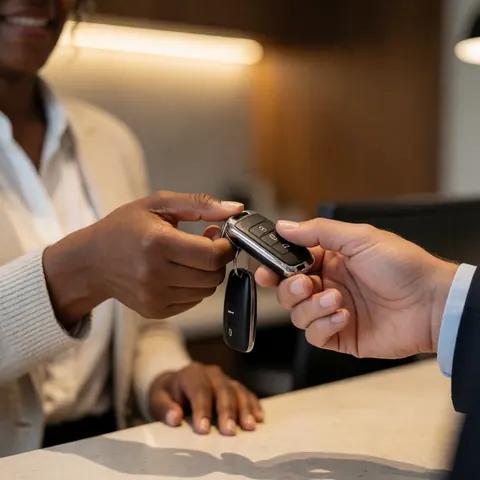 Une femme remet les clés d'une voiture à un client dans une réception moderne, symbolisant l'accès et la confiance dans un cadre professionnel.