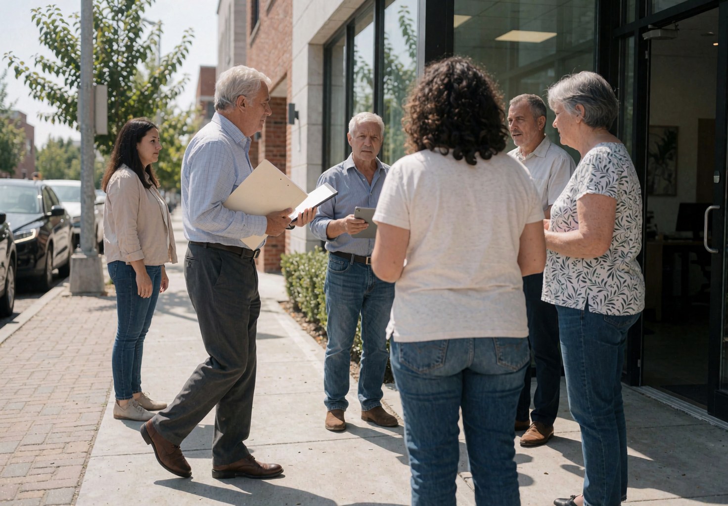 Groupe de consultants adultes lors d'une réunion extérieure devant un bâtiment moderne, tenant une mallette et une tablette, vêtus de manière décontractée mais professionnelle.