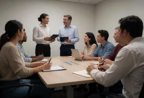 Des professionnels du marketing discutent lors d'une réunion, présentant des résultats et prenant des notes sur des ordinateurs portables et dans des carnets.