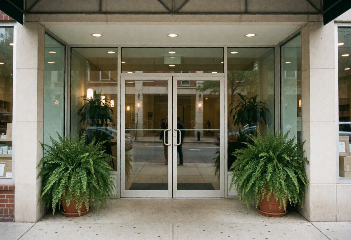 Façade d'un établissement de soins avec des portes en verre, des plantes vertes en pot et une ambiance professionnelle.