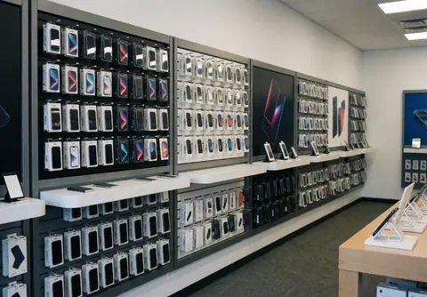 Vue intérieure d'une boutique de téléphonie avec des présentoirs remplis de produits neufs, un éclairage vif et un design contemporain.