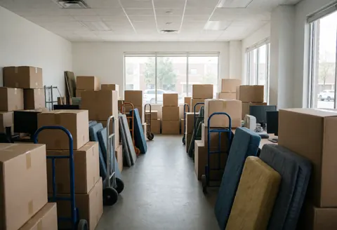 Espace de travail organisé d'une entreprise de déménagement, montrant des cartons empilés, des chariots et des meubles prêts pour les opérations.
