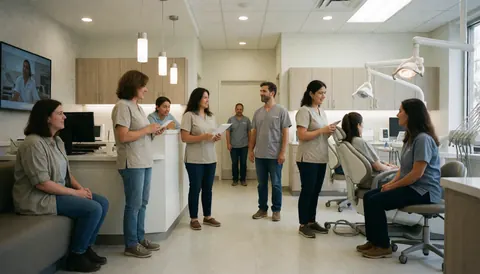Équipe dentaire dans une clinique moderne accueillant des patients avec réception, fauteuils et équipement médical dans un environnement propre et professionnel.