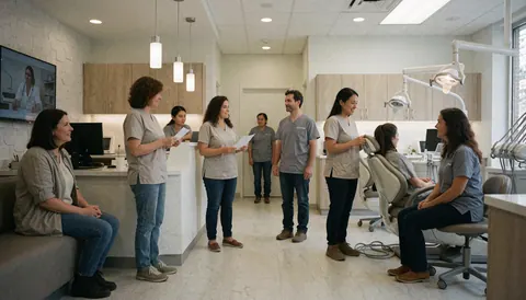 Équipe dentaire dans une clinique moderne accueillant des patients avec réception, fauteuils et équipement médical dans un environnement propre et professionnel.