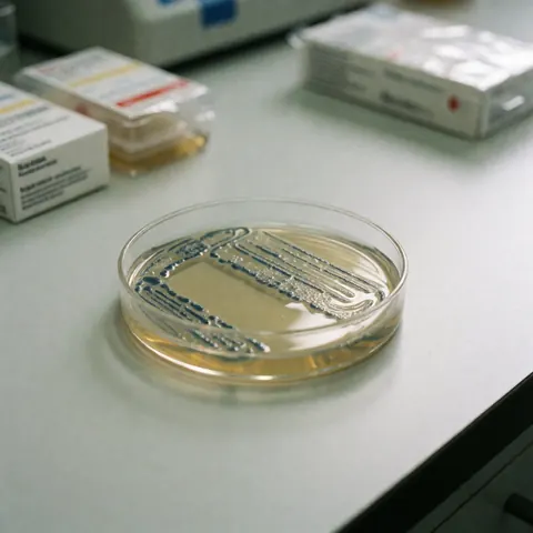 Un plat de Petri contenant une culture bactérienne au premier plan avec des boîtes de réactifs en arrière-plan dans un laboratoire.