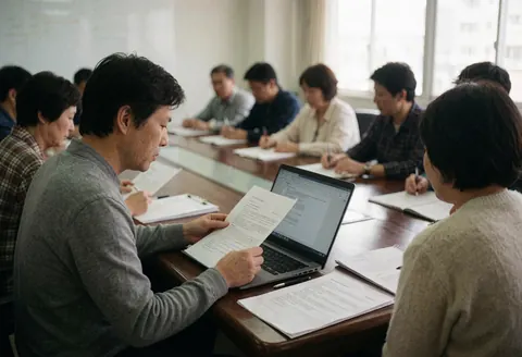 Groupe de personnes en réunion d'affaires examinant des documents et utilisant un ordinateur portable sur une table de conférence.