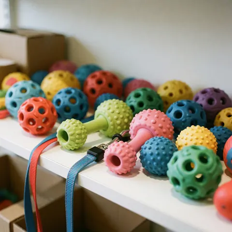 Des jouets colorés pour animaux de compagnie disposés sur une étagère blanche, accompagnés de plusieurs laisse de couleurs variées.