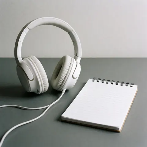 Casque blanc avec fil et cahier à spirale posés sur un bureau gris, idéal pour le service client ou le travail à distance.